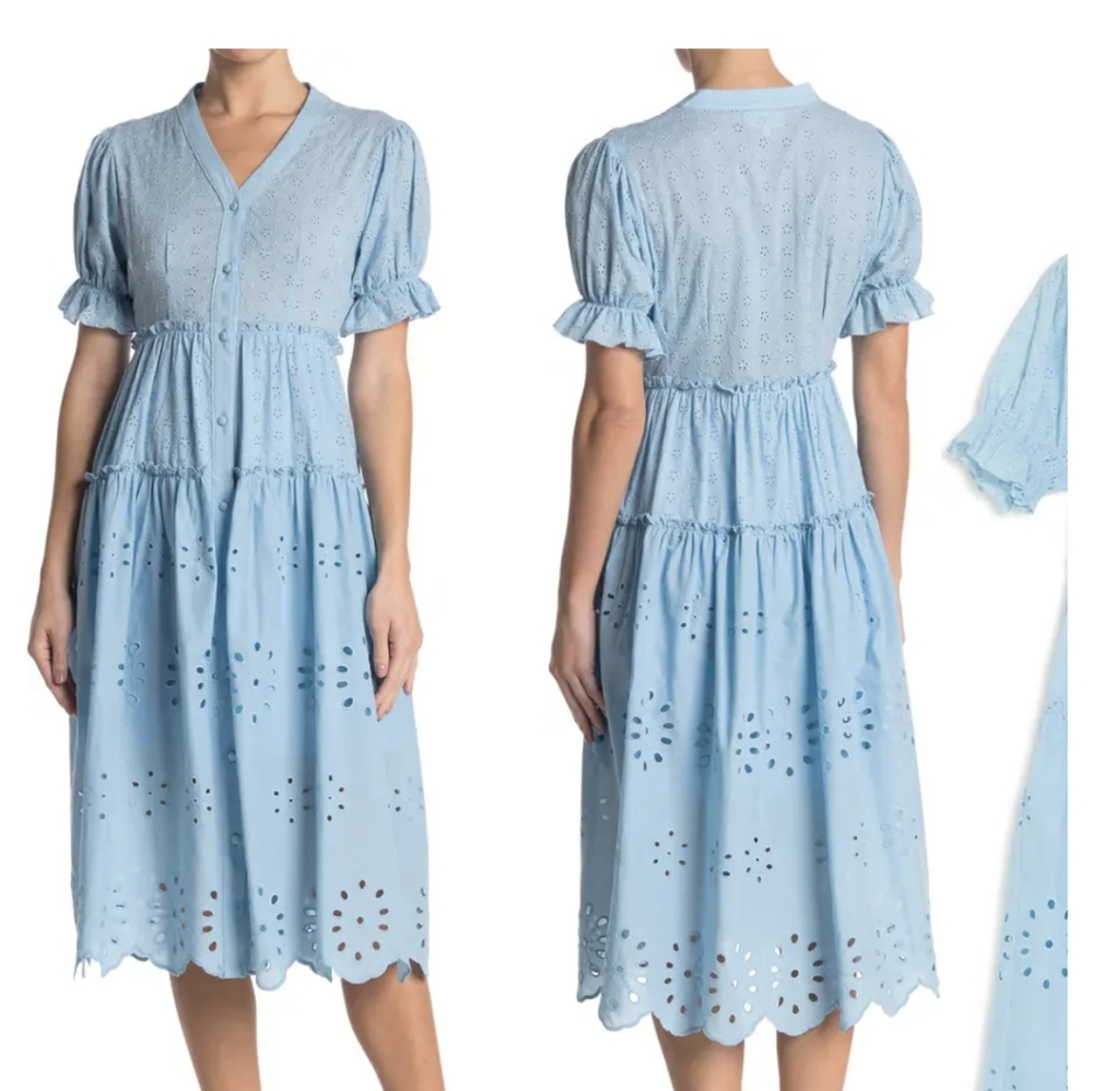 MELLODAY cerulean blue eyelet tiered dress size M